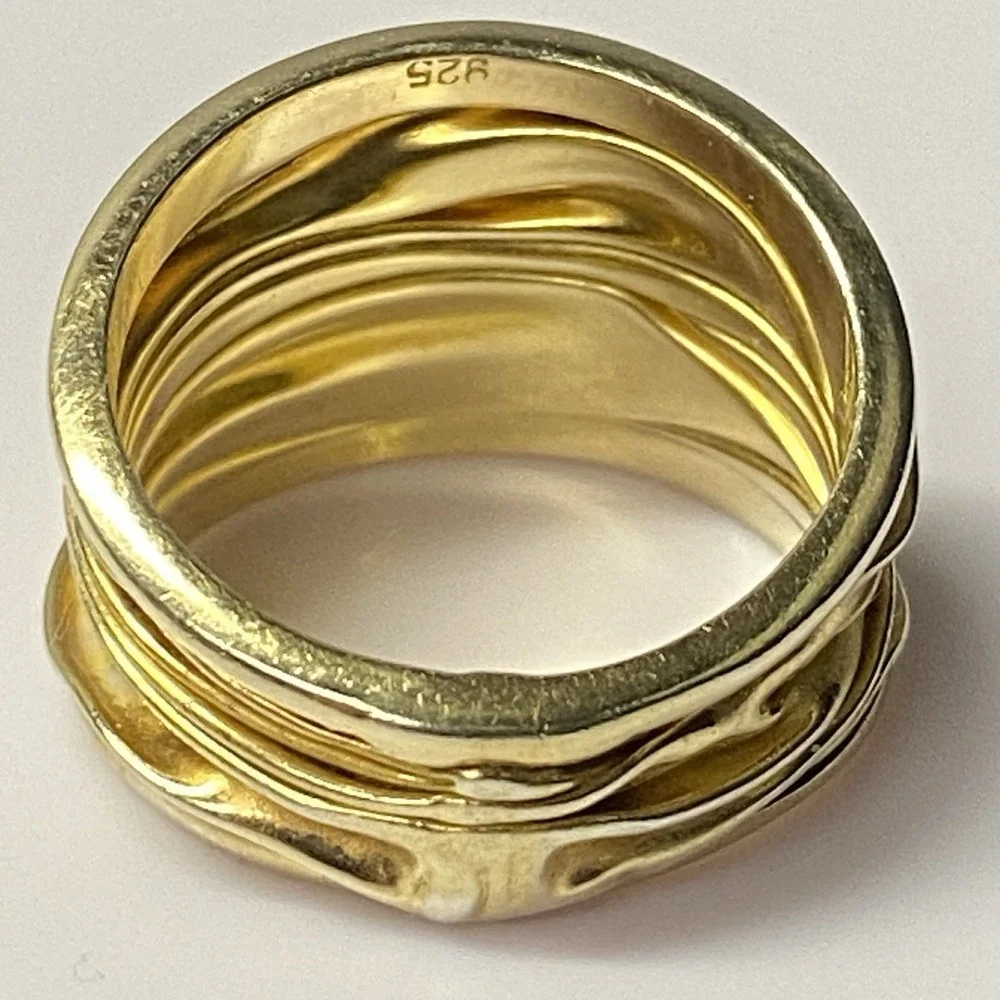 Wide Artisan 925 Gold Over Sterling Silver Ring Band Sz 8.75